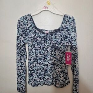 Justice Girls Navy & Light Blue Floral Printed Lace Long Sleeve Scoop Top "M"